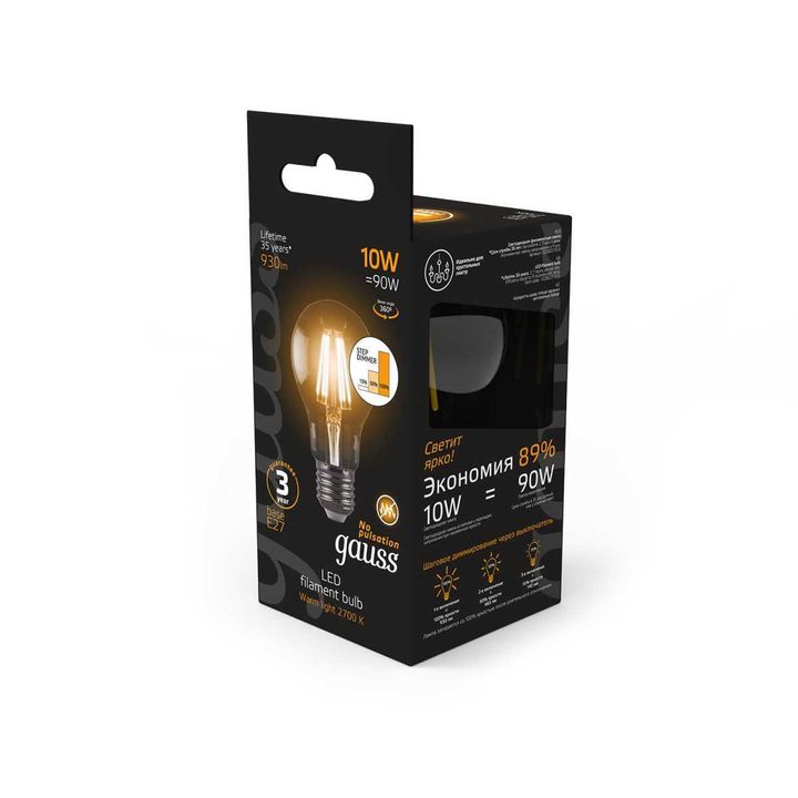 Лампа светодиодная филаментная Gauss E27 10W 2700К прозрачная 102802110