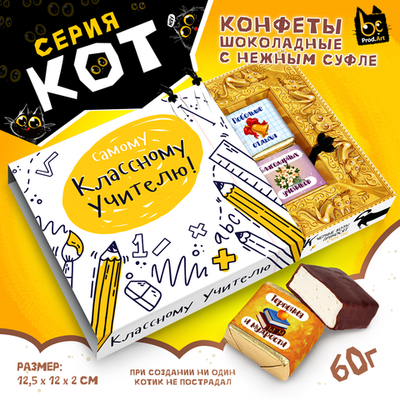 КОТ, САМОМУ КЛАССНОМУ УЧИТЕЛЮ, конфеты глазированные со сливочно-ванильной начинкой, 60 гр., TM Prod.Art