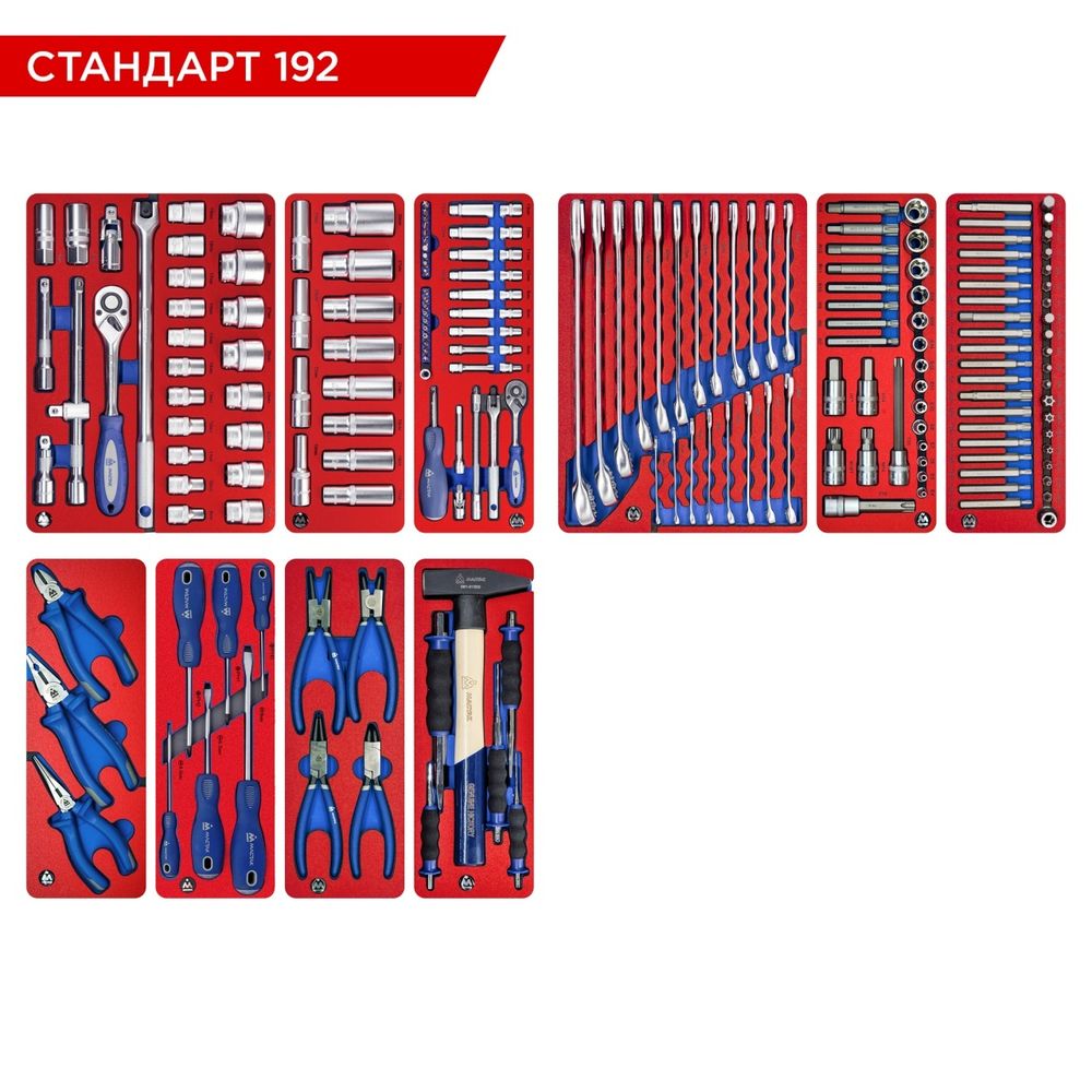 МАСТАК (5-00192) Набор инструментов "СТАНДАРТ 192" для тележки, 10 ложементов, 192 предмета
