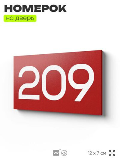 Номер на дверь 209, табличка на дверь для офиса, квартиры, кабинета, аудитории, склада, красная 120х70 мм, Айдентика Технолоджи