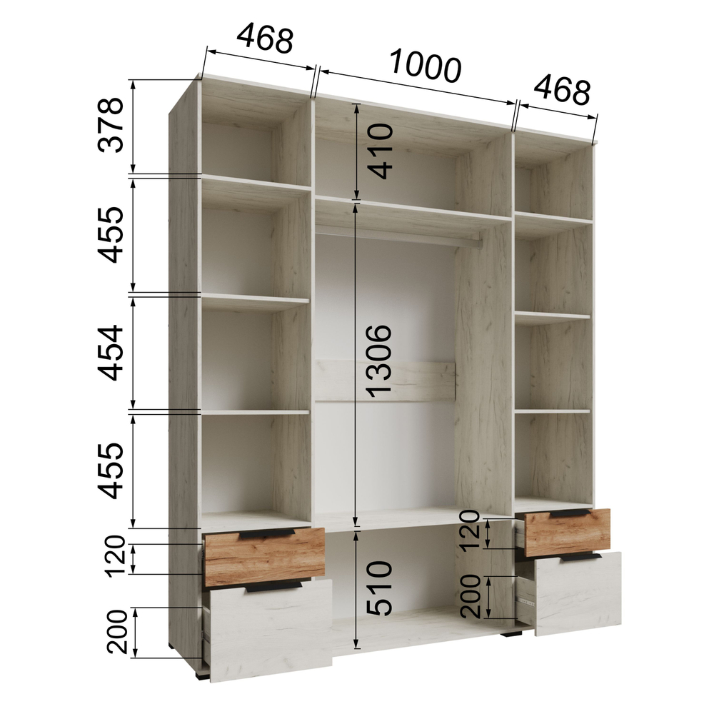 Шкаф-пенал Лилль с полками и штангой дуб крафт белый/дуб крафт табачный
