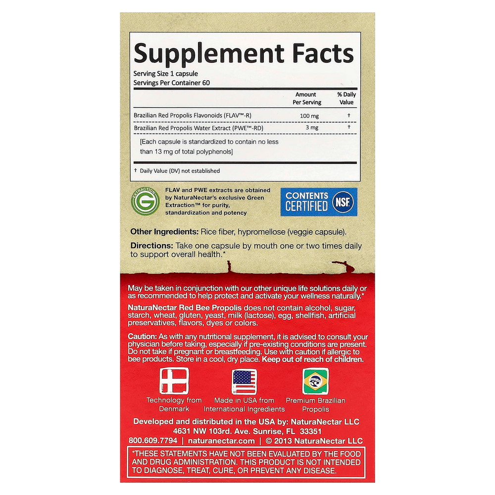 NaturaNectar, Красный пчелиный прополис, 60 вегетарианских капсул