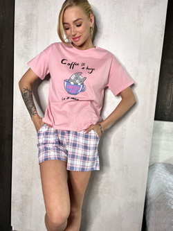Пижама с шортами ПЖН-09 (пудровый, кот)