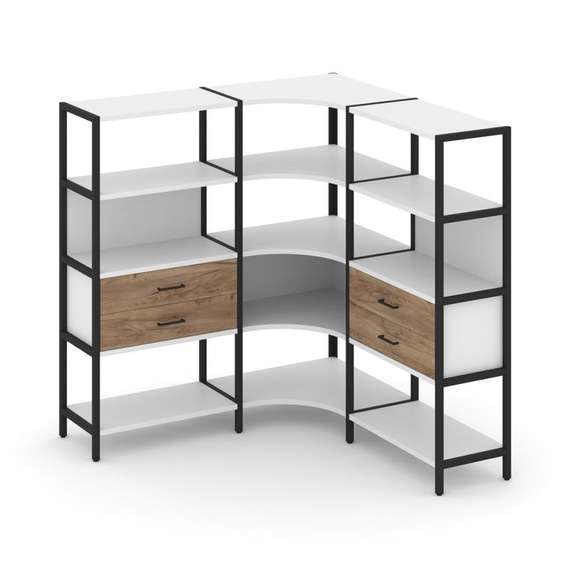 Shelf System Трехсекционный угловой стеллаж четырехярусный с ящиками SN.STMU-431 Белый/Дуб Табак/Мет