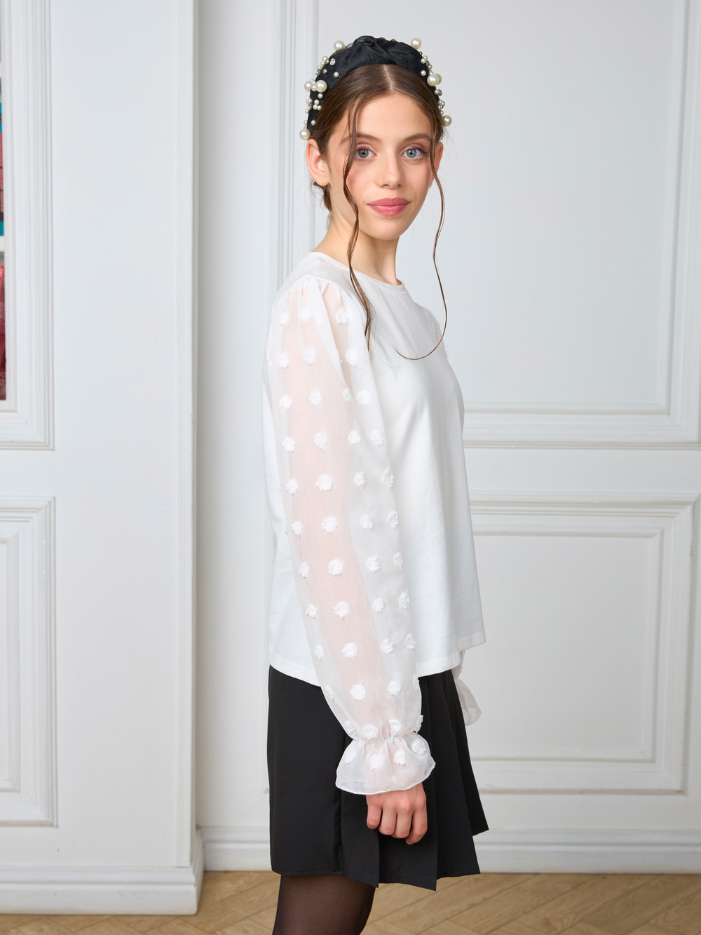 Блузка школьная для девочки рукав шифон молочная