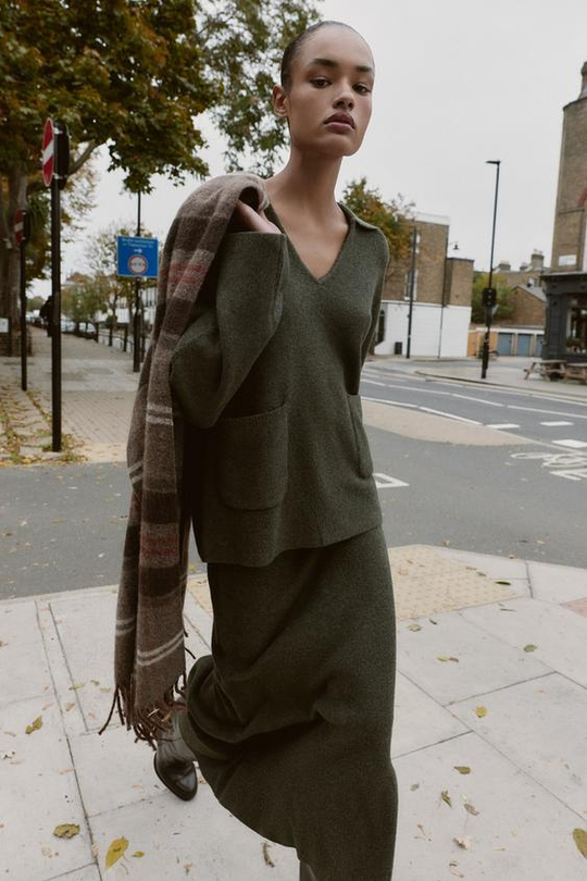 ZARA ЮБКА МИДИ ИЗ МЯГКОГО ТРИКОТАЖА, ЗЕЛЕНЫЙ МЕЛАНЖ