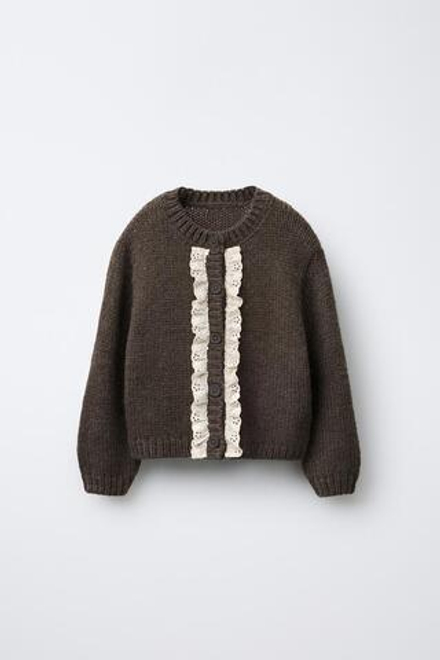 ZARA ВЯЗАНЫЙ КАРДИГАН С КРУЖЕВОМ, СЕРОВАТО-КОРИЧНЕВЫЙ