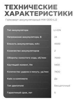 Гайковерт HORDER HW-1400-Li2 бесщеточный в кейсе с набором оснастки, 2 аккумулятора 24 В 2,5 Ач 7000 об/мин, 7400 уд/мин, гайковерт-шуруповерт