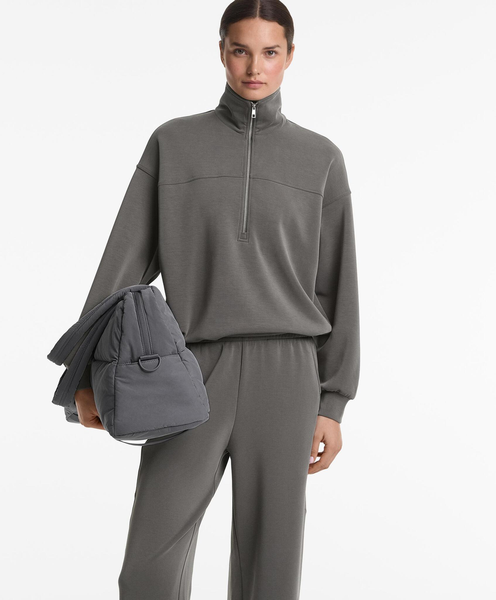 Oysho Толстовка с застежкой-молнией на половину длины с начесом из модала, антрацитовый