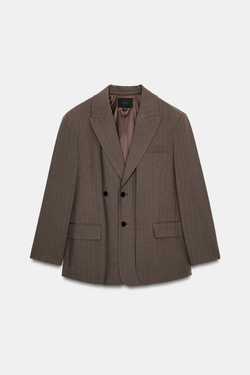 ZARA БЛЕЙЗЕР OVERSIZE В ПОЛОСКУ ИЗ ДВОЙНОЙ ТКАНИ, КОРИЧНЕВЫЙ/ЭКРЮ