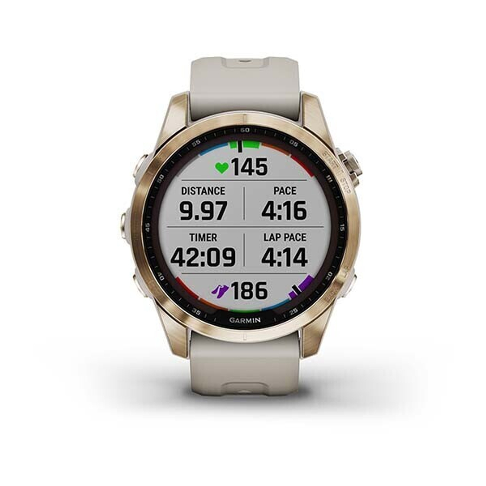 Умные часы Garmin Fenix 7S Sapphire Solar титановый кремово-золотой с светло-песочным силиконовым ремешком 42 мм