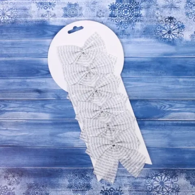 Бант на ёлку «Волшебство» 8,5*9 см (набор 6 шт), Серебро