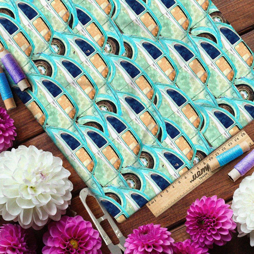 Ткань лён автопарк бирюзовых машин