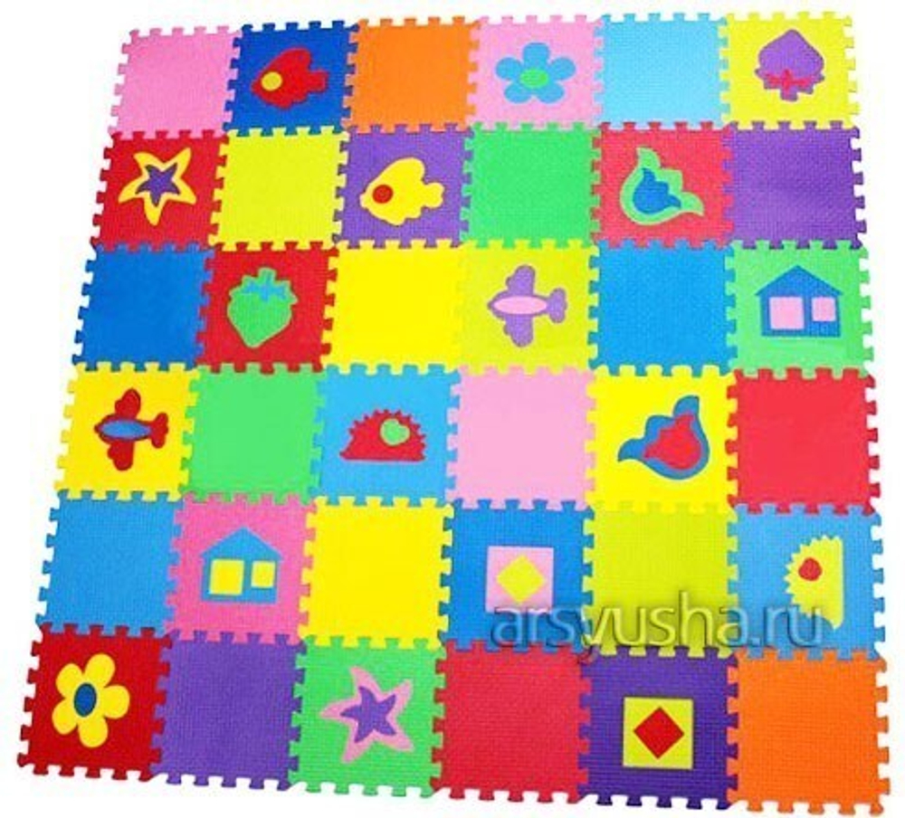 Коврик-пазл BABYPUZZ (36 плит 33x33x2см, ~4кв.м./уп) Разноцветный коврик с фигурками