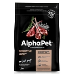Сухой корм AlphaPet Superpremium, для собак мелких пород с чувс. пищ., ягненок с рисом, 1.5 кг