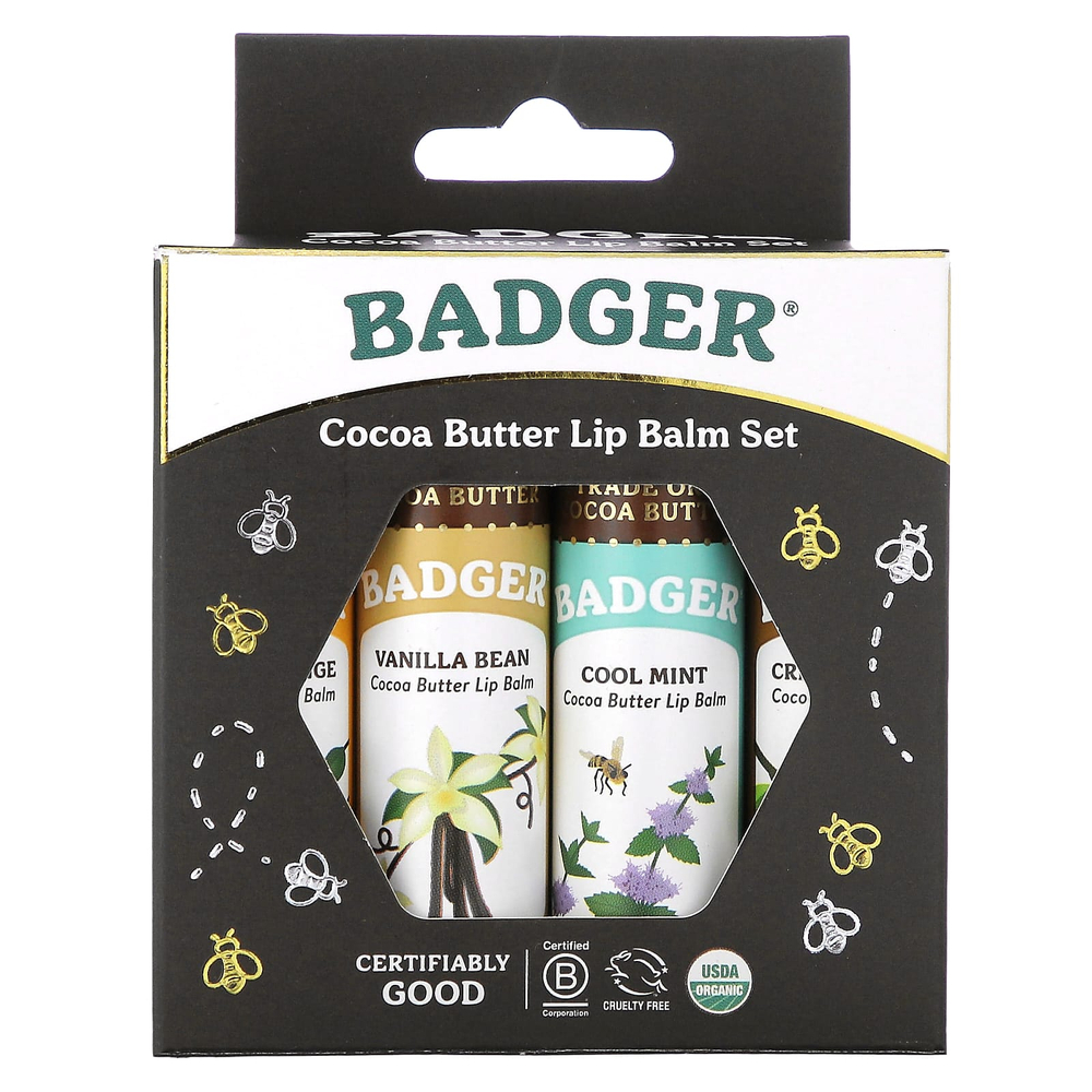 Badger, Organic, набор бальзамов для губ с маслом какао, 4 упаковки по 7 г (0,25 унции)