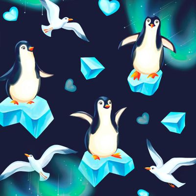 Пингвины и чайки на темно-синем