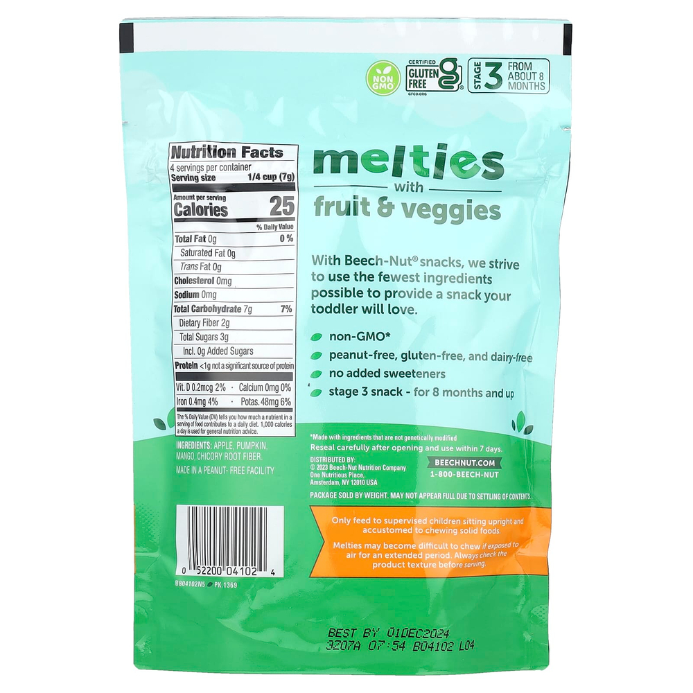 Beech-Nut, Melties с фруктами и овощами, от 8 месяцев, яблоко и тыква, 28 г (1 унция)