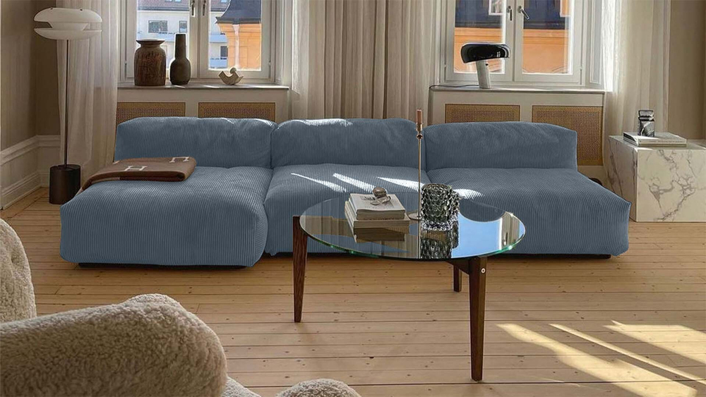 Диван с оттоманкой Фиджи (малый) Cilium Indigo 315*137*62 см, Синий Вельвет Нераскладной Фиеста