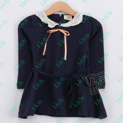 Платье детское однотонное с пояском и кружевным воротником