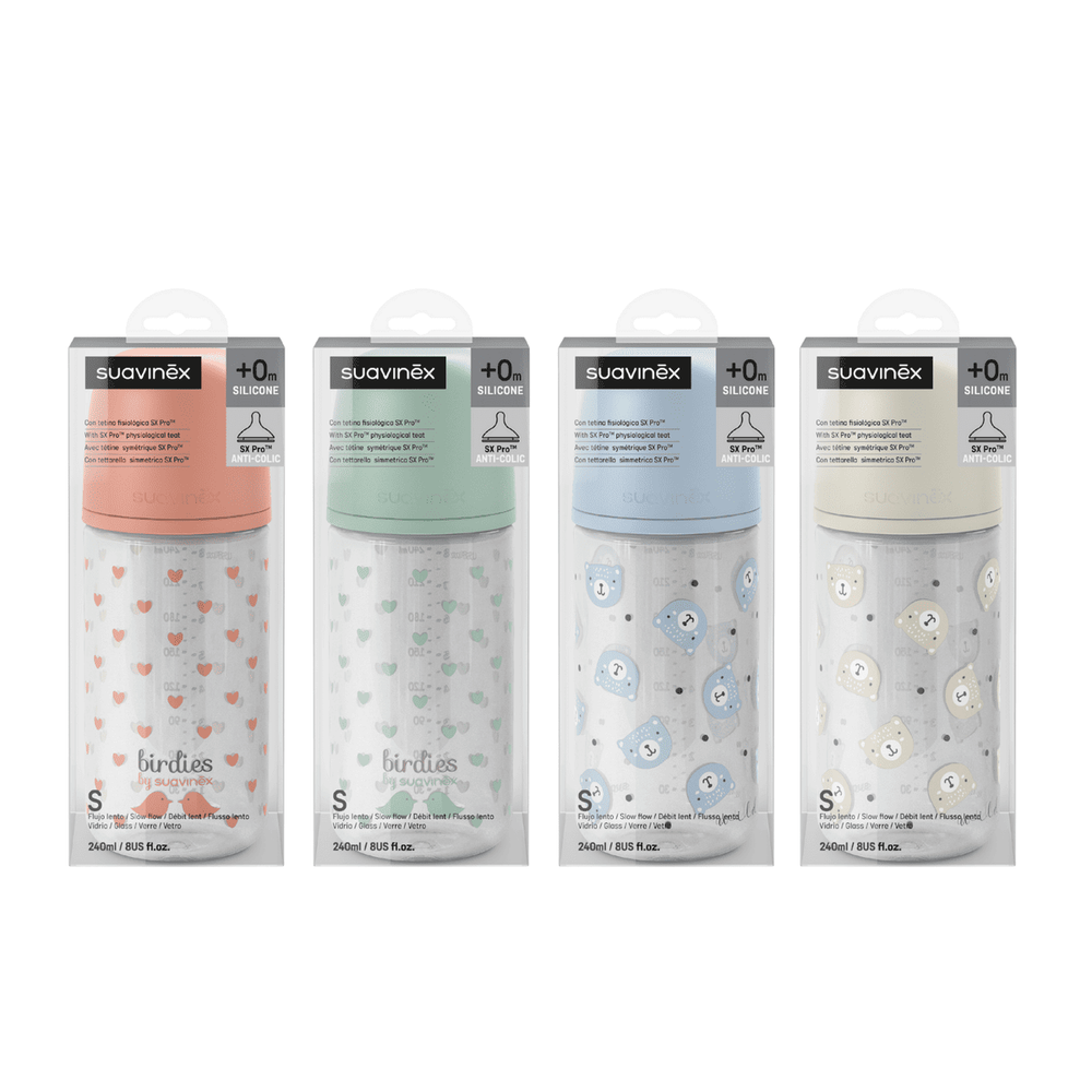 Стеклянная бутылочка для кормления Suavinex Birdies 240 мл, 0 мес+, голубая