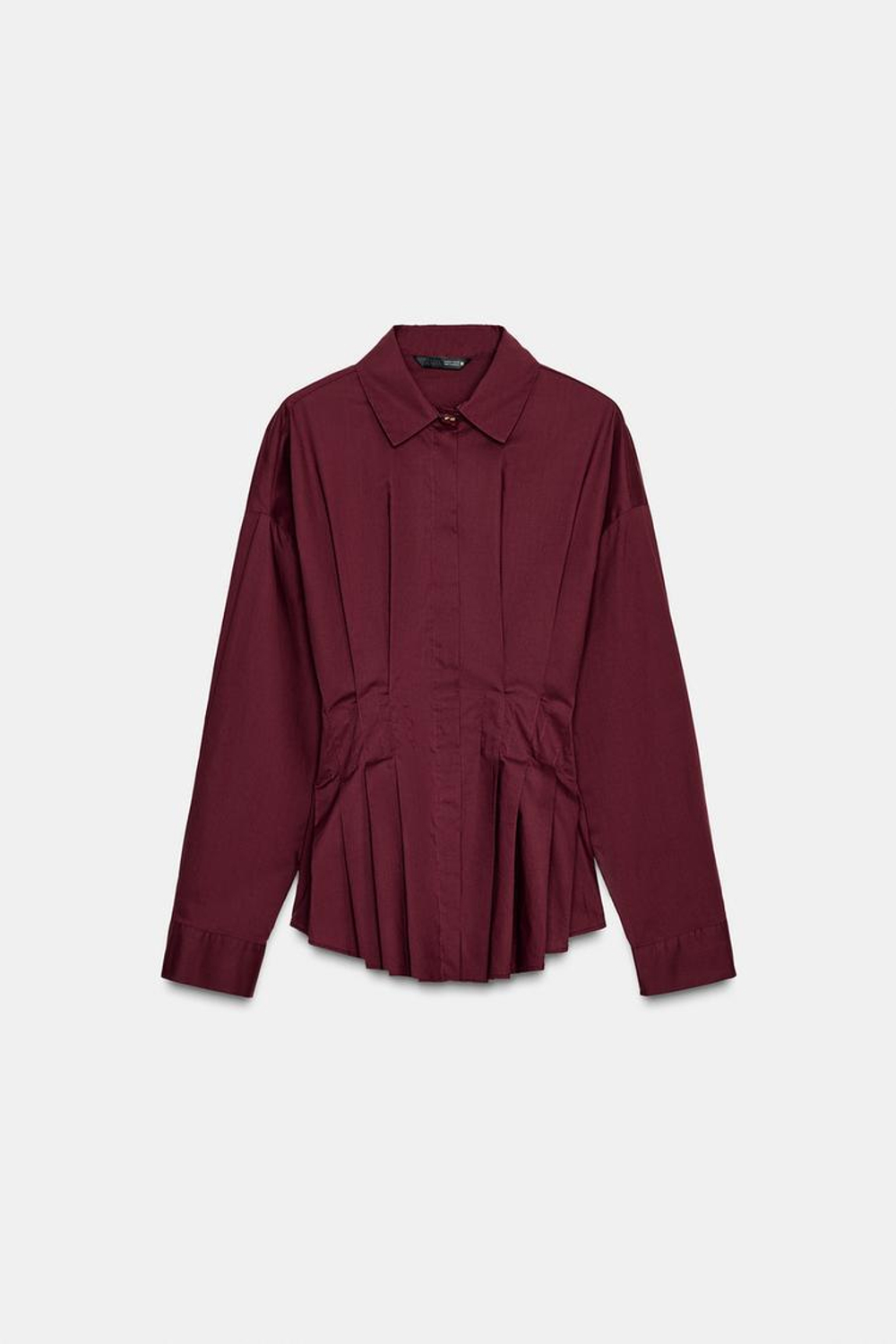 ZARA РУБАШКА ИЗ ПОПЛИНА СО СКЛАДКАМИ, БУРГУНДИ