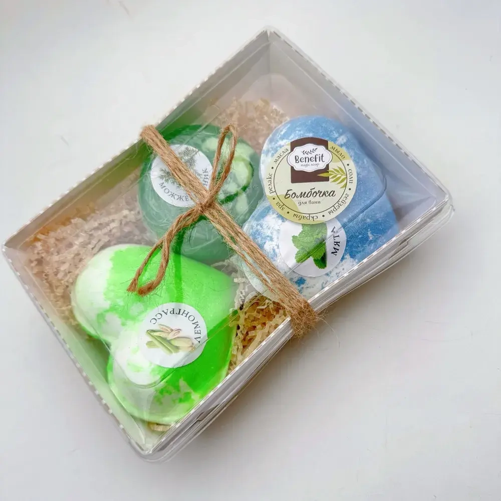 Набор бомбочек "Сердце мята XL, лемонграсс XL + мыло можжевельник"