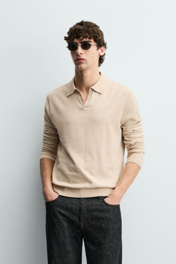 ZARA ТРИКОТАЖНОЕ ПОЛО КЛАССИЧЕСКОГО КРОЯ, ЭКРЮ