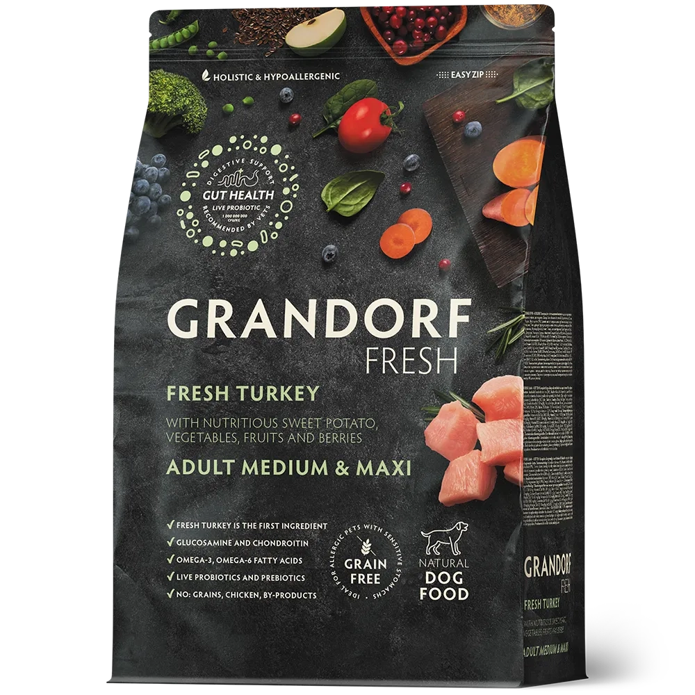 Grandorf Fresh, Fresh Turkey, Adult Medium & Maxi для собак средних и крупных пород (Свежее мясо индейки с бататом)