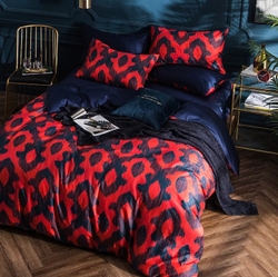 Постельное белье ЕВРО (двуспалка) Египедский Хлопок Красные узоры на синем