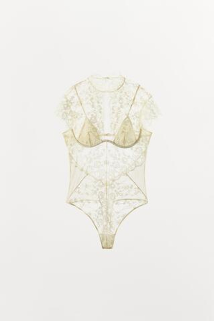ZARA КОМБИНИРОВАННОЕ КРУЖЕВНОЕ БОДИ НА КОСТОЧКАХ, ЭКРЮ
