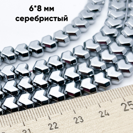 Гематит Сердце бусины (имитация), цвет серебристый, размер около 8*6,5 мм, цена за 16-17 шт (1/4 нити)
