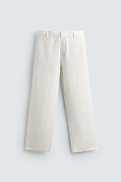 ZARA БРЮКИ RELAXED FIT ИЗ ВИСКОЗЫ И КОНОПЛИ, ЖЕЛТОВАТО-БЕЛЫЙ
