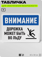Табличка для обеспечения безопасности "Внимание, дорожка может быть во льду", для офиса, по охране труда для предприятия, организаций, 40х30 см, Silver Plane x Айдентика Технолоджи