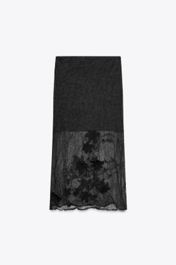 ZARA ПОЛУПРОЗРАЧНАЯ ТРИКОТАЖНАЯ ЮБКА С УЗОРОМ, ЧЕРНЫЙ