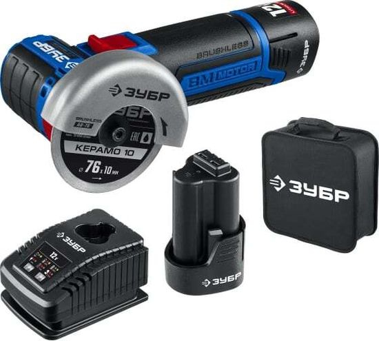 Углошлифовальная машина УШМ аккум. ЗУБР Т7 12В 76 мм бесщет. АВ-76-22 2акк Проф