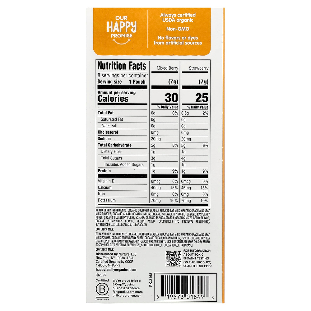 Happy Family Organics, Happy Baby®, органические йогурты, сублимированные йогурты и фруктовые снеки, для малышей, ассорти вкусов, 8 паучей по 7 г (0,25 унции)