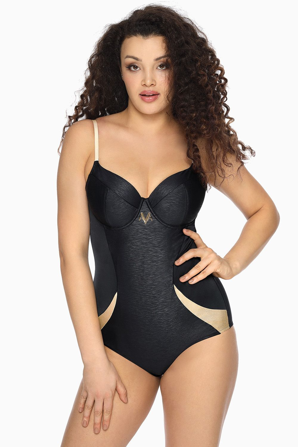 Совместный купальник со вставками из ткани с золотым отливом (Размер: 75G) (Цвет: черный)