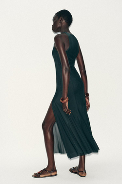 ZARA ДЛИННОЕ ПЛАТЬЕ ИЗ ТЮЛЯ С ЮБКОЙ ГОДЕ, ТЕМНО-ЗЕЛЕНЫЙ