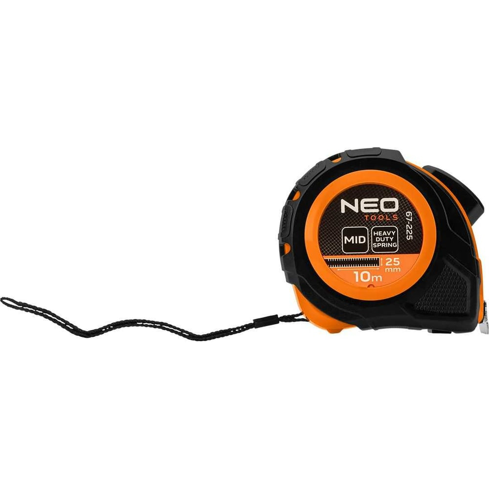 Выдвижная стальная рулетка NEO TOOLS 10 м, 25 мм, автоблокировка, две кнопки остановки 67-225