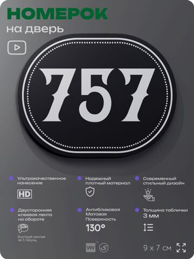 Номерок на дверь квартиры 757, для кабинета, офиса, шильдик 9 х 7 см, черный, Айдентика Технолоджи