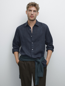 Massimo Dutti Рубашка приталенного кроя из 100% льна, темно-синий