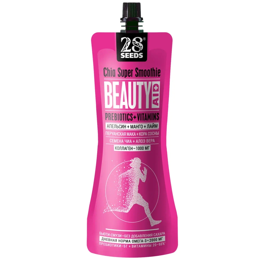 Смузи ЧИА БЬЮТИ «Апельсин + Манго + Лайм» 250 мл 28SEEDS — вид спереди упаковки