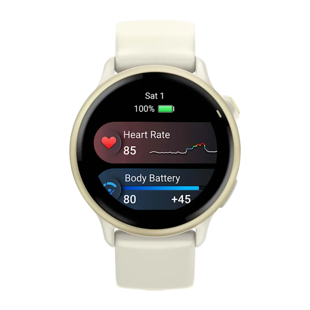 Фитнес-трекер Garmin vivoactive 6, силиконовый ремешок цвета кости Безель цвета «лунное золото», AMOLED-дисплей с Gorilla Glass 3. Ремешок с классической застёжкой — на запястье обхватом 125–190 мм