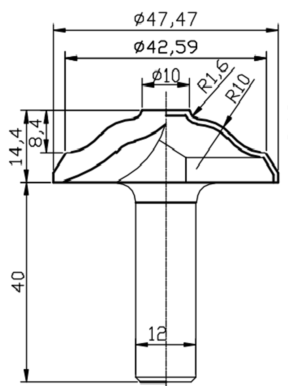 PCD профильная фреза D.47,47x14,4 S.12x40 Z2