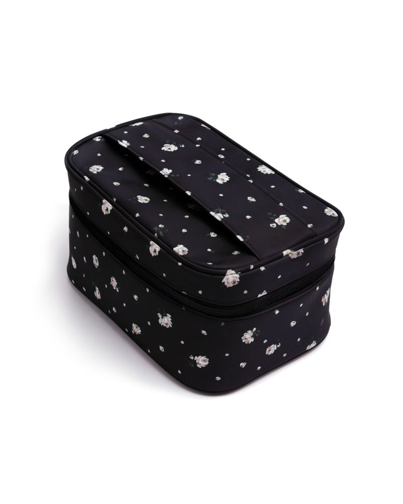 Набор косметичек из черного атласа с цветочным принтом