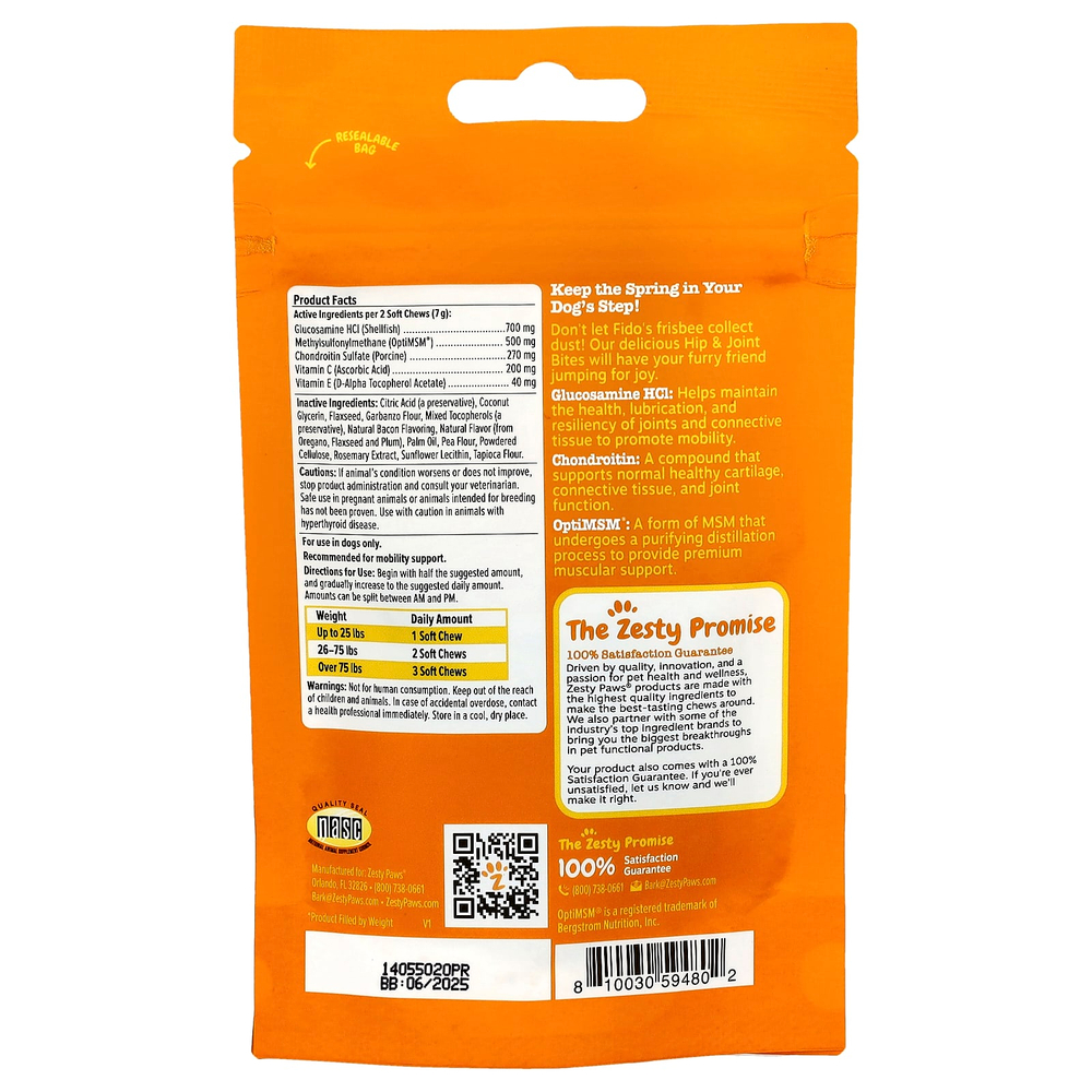 Zesty Paws, Прикусывание бедер и суставов, для собак, для всех возрастов, бекон, 10 жевательных таблеток, 35 г (1,2 унции)