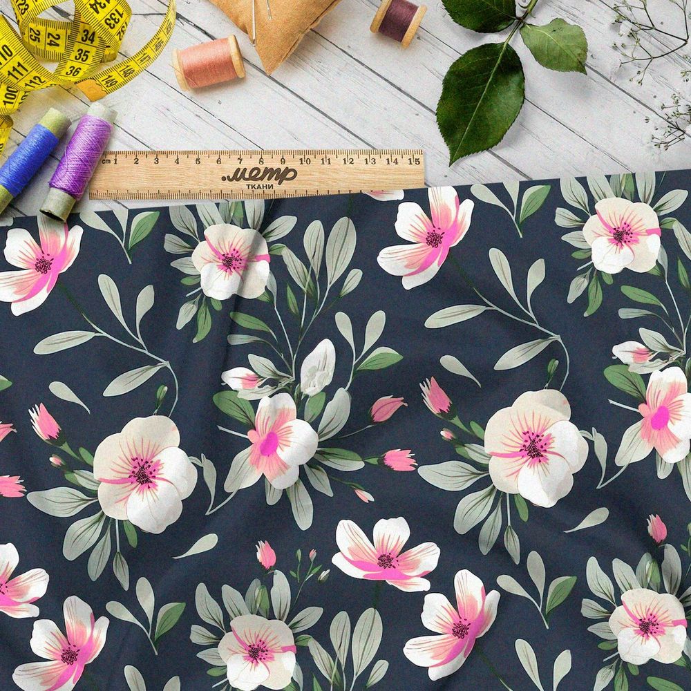 Ткань премиум сатин вечерняя цветочная фантазия