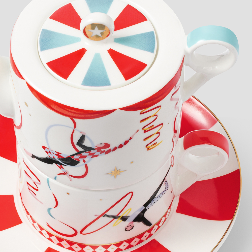 Набор Farforite «Цирковое представление»: чайник-эгоист 300 мл и чайная пара 250 мл в подарочной коробке