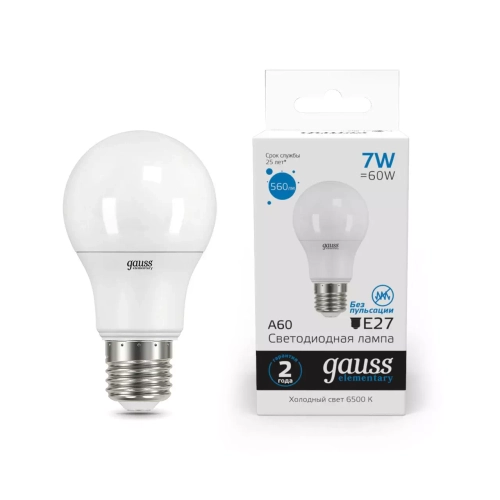 Лампа Gauss LED Elementary A60 7W E27 560lm 6500K  23237А